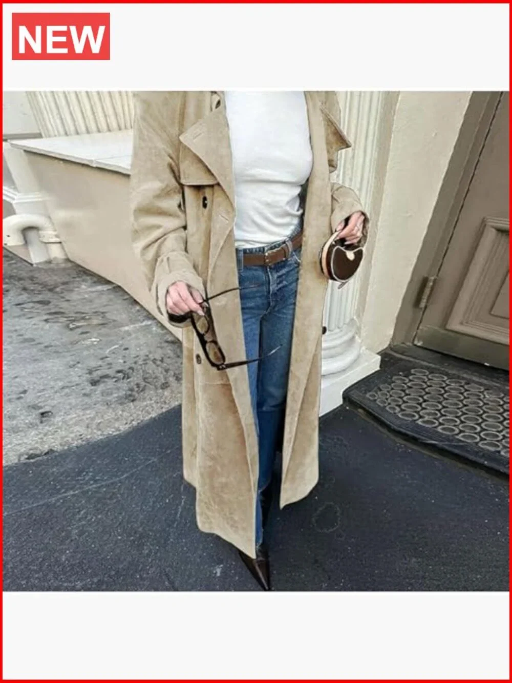 Faux Suede Long Trench Coat Notched Lapel Double Breasted Pea Coat Overcoat - Picture 2 of 7